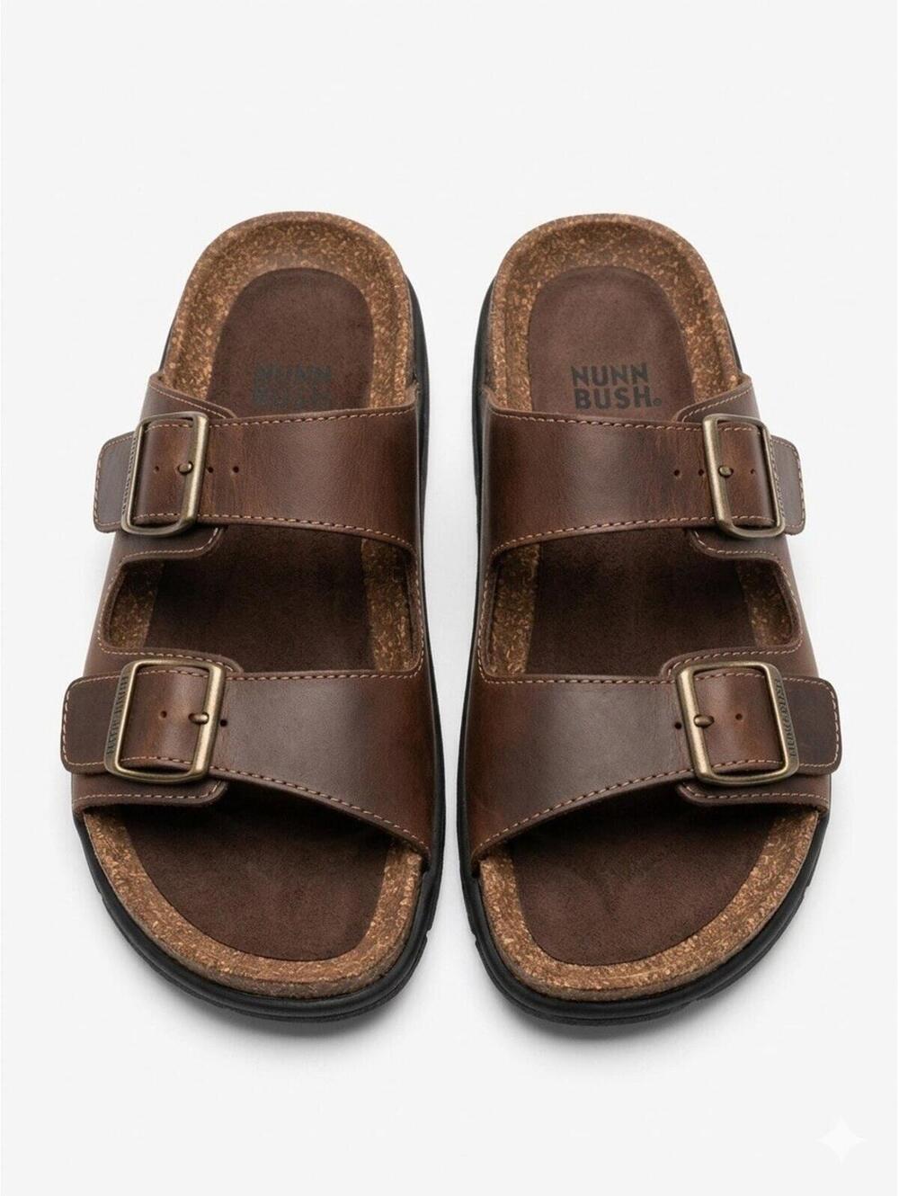Nunn Bush Men's Brown Genuine Leather 2-Strap Buckle Sandals Size 9M 81925-02